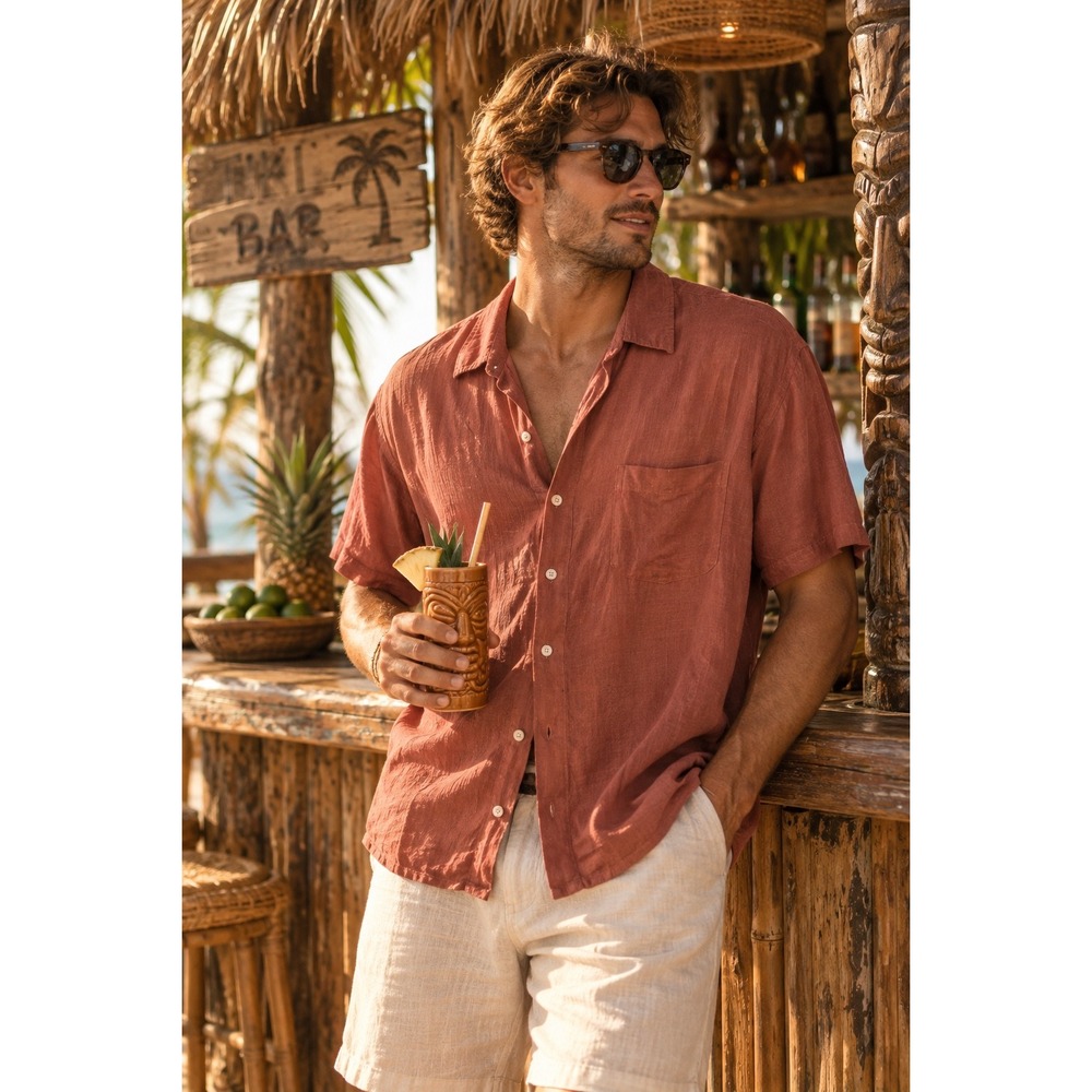 Margaritaville Mens Silk Linen Short Sleeve Button Down Shirt Terracotta Rust M